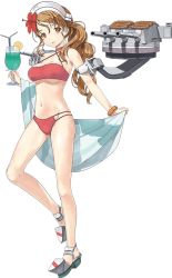 Rule 34 | 10s, 1girl, bikini, breasts, brown hair, cleavage, drink, drinking straw, female focus, full body, garter straps, hair ornament, hat, italia (kancolle), jiji (aardvark), kantai collection, large breasts, littorio (kancolle), long hair, looking at viewer, machinery, miniskirt, navel, necktie, official art, skirt, solo, swimsuit, towel, transparent background, turret, underboob