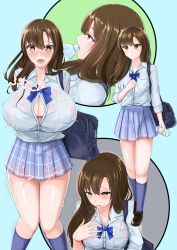 Rule 34 | 1girl, blush, bra, bra peek, breast expansion, breasts, brown eyes, brown hair, cleavage, dress shirt, drinking, highres, huge breasts, kneehighs, long hair, medium breasts, motion lines, multiple views, open mouth, original, popped button, rush-720, school uniform, see-through, shirt, small breasts, socks, sound effects, underwear, water