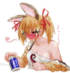 Rule 34 | 1girl, animal costume, animal ear fluff, animal ears, bare shoulders, blush, brown eyes, brown hair, cat ears, cat girl, cup, drink, extra ears, kemono friends, kemono friends v project, kotons, large-spotted genet (kemono friends), long hair, open mouth, ribbon, shirt, simple background, solo, twintails, virtual youtuber