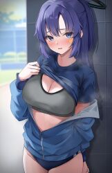 Rule 34 | 1girl, arm behind back, black halo, blue archive, blue buruma, blue eyes, blue hair, blue jacket, blue shirt, blush, breasts, buruma, cleavage, clothes lift, grey sports bra, halo, highres, jacket, large breasts, lifting own clothes, long hair, long sleeves, looking at viewer, marisasu (marisa0904), official alternate costume, outdoors, parted lips, partially unzipped, ponytail, shirt, shirt lift, smile, solo, sports bra, yuuka (blue archive), yuuka (track) (blue archive)