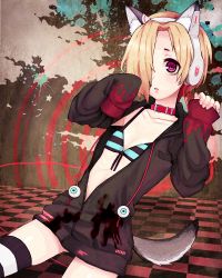 Rule 34 | 10s, 1girl, animal ears, bags under eyes, beats by dr. dre, bikini, bikini top only, blonde hair, blush, cable, checkered floor, collar, dog ears, dog tail, flat chest, floor, hair over one eye, headphones, hood, hoodie, idolmaster, idolmaster cinderella girls, kemonomimi mode, looking at viewer, nora bo, open clothes, open hoodie, open mouth, oversized clothes, red eyes, shirasaka koume, short hair, sleeves past wrists, solo, striped clothes, striped thighhighs, swimsuit, tail, thighhighs