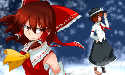 Rule 34 | &gt;:), 2girls, adjusting clothes, adjusting headwear, arm garter, armpit peek, ascot, bad id, bad pixiv id, black skirt, bow, brown hair, collared shirt, detached sleeves, frilled shirt collar, frills, hair bow, hair tubes, hakurei reimu, hand on own hip, hat, hat bow, japanese clothes, juliet sleeves, long sleeves, looking at another, miko, multiple girls, necktie, one-hour drawing challenge, pink eyes, puffy sleeves, red bow, red eyes, red necktie, sarashi, shirt, skirt, smile, sumiya nadateru, touhou, upper body, usami renko, v-shaped eyebrows, white bow, white shirt