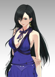 Rule 34 | 1girl, arms behind back, bare shoulders, black hair, blue dress, bow, bowtie, breasts, brown eyes, cleavage, closed mouth, collarbone, commentary, covered navel, crescent, crescent earrings, dress, earrings, final fantasy, final fantasy vii, final fantasy vii remake, fingernails, gradient background, highres, jewelry, lips, long hair, looking at viewer, medium breasts, omeno (digitalome), panties, see-through, short dress, signature, simple background, sleeveless, sleeveless dress, smile, solo, tifa lockhart, tifa lockhart (refined dress), underwear, wall market