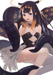 Rule 34 | 1girl, absurdres, bare shoulders, black choker, black gloves, choker, clothing cutout, fur-trimmed choker, fur trim, gloves, halo, highres, hololive, hololive english, long hair, looking at viewer, low wings, mole, mole under eye, multicolored hair, ninomae ina&#039;nis, open mouth, orange hair, patterned, patterned clothing, purple eyes, purple hair, single thighhigh, smile, solo, teeth, tentacles, thighhighs, tsuiru, upper teeth only, virtual youtuber, white thighhighs, wings