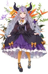 Rule 34 | 1girl, absurdres, black choker, black dress, black footwear, choker, demon horns, dress, flower, frilled dress, frills, grey hair, haru yu, highres, hololive, horns, la+ darknesss, long hair, long sleeves, looking at viewer, multicolored hair, open mouth, pantyhose, pointy ears, purple hair, shoes, smile, solo, streaked hair, tail, virtual youtuber, yellow eyes, yellow pantyhose