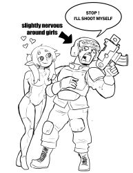 Rule 34 | 1boy, 1girl, absurdres, armor, astra militarum, bodysuit, boots, commentary, eldar, english commentary, full body, gun, heart, helmet, highres, holding, holding gun, holding weapon, japvs, lineart, looking at another, military uniform, monochrome, open mouth, pointy ears, shoulder armor, smile, speech bubble, standing, uniform, warhammer 40k, weapon