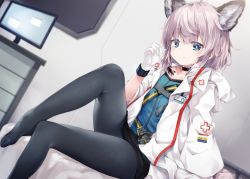 Rule 34 | animal ear fluff, animal ears, arknights, black choker, black pantyhose, black skirt, blue eyes, blue shirt, blush, bracelet, choker, closed mouth, collarbone, dutch angle, fox ears, gloves, grey hair, highres, hood, hood down, hooded jacket, id card, infection monitor (arknights), jacket, jewelry, long sleeves, material growth, miniskirt, monitor, no shoes, on bed, open clothes, open jacket, oripathy lesion (arknights), pantyhose, shirt, short hair, sitting, skirt, smile, sussurro (arknights), white gloves, white jacket, yuki kawachi