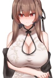 Rule 34 | azur lane, bare shoulders, black ribbon, blush, breasts, brown hair, cleavage, colored eyelashes, commentary request, hair ribbon, highres, kousi sirazawa, large breasts, red eyes, ribbon, swiftsure (azur lane), swiftsure (beauty of white jade) (azur lane), upper body