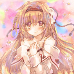 Rule 34 | 1girl, bad id, bad pixiv id, blush, brown eyes, brown hair, closed mouth, commentary request, dated, dress, flower, hair between eyes, hair intakes, hizukiryou, long hair, looking at viewer, off-shoulder dress, off shoulder, original, own hands together, signature, smile, solo, upper body, white dress, white flower