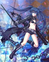 Rule 34 | 10s, 1girl, belt, bikini, bikini top only, black bikini, black footwear, black gloves, black hair, black rock shooter, black rock shooter (character), black shorts, blue eyes, boots, chain, checkered background, flaming eyes, flat chest, front-tie bikini top, front-tie top, gloves, highres, holding, holding sword, holding weapon, long hair, looking at viewer, short shorts, shorts, solo, swimsuit, sword, twintails, wakou tensui, weapon