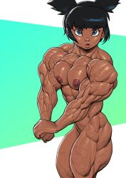 Rule 34 | 1girl, abs, black hair, blue eyes, breasts, completely nude, dark-skinned female, dark skin, looking at viewer, muscular, muscular female, nude, original, pokkuti, short twintails, small breasts, solo, sweat, thick thighs, thighs, twintails, veins