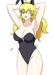 Rule 34 | 1girl, armpits, arms behind head, blonde hair, breasts, cleavage, highres, large breasts, leotard, long hair, one eye closed, open mouth, purple eyes, rabbit ears, rwby, smile, thighhighs, thighs, wink, yang xiao long