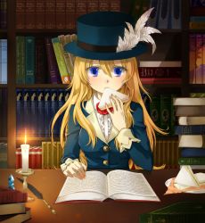 Rule 34 | 1girl, bad id, bad pixiv id, blonde hair, blue eyes, book, bookshelf, candle, eating, feathers, female focus, flower, food, hat, highres, indoors, library, okitsune (okitsune-sama), open book, quill, reading, rose, rune factory, rune factory frontier, sandwich, selphy, solo, top hat, wavy hair