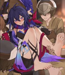 Rule 34 | 1girl, 4boys, arms up, ass, barefoot, blush, breasts, brown gloves, brown hair, faceless, faceless male, fingerless gloves, gloves, grin, hair between eyes, helmet, honkai: star rail, honkai (series), long hair, multicolored hair, multiple boys, parted lips, purple eyes, purple hair, scarf, seele (honkai: star rail), shoes, shorts, small breasts, smile, stepped on, two-tone hair, unworn shoes, xssh