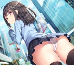 Rule 34 | 1girl, artist name, ass, bad id, bad twitter id, black hair, black thighhighs, blurry, blush, braid, building, city, closed mouth, day, depth of field, dutch angle, from behind, looking at viewer, looking back, miniskirt, original, outdoors, panties, pleated skirt, purple eyes, rin yuu, signature, skirt, sleeves past wrists, solo, sweater, thighhighs, thighs, underwear, wedgie, white panties