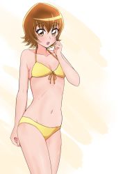Rule 34 | 1girl, :d, bikini, boh stick, breasts, brown hair, cleavage, collarbone, cowboy shot, front-tie bikini top, front-tie top, groin, hair between eyes, heartcatch precure!, highres, looking at viewer, myoudouin itsuki, navel, open mouth, precure, shiny skin, short hair, simple background, small breasts, smile, solo, standing, swimsuit, white background, yellow bikini, yellow eyes