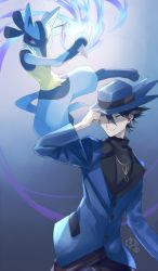 Rule 34 | 1boy, banned artist, black hair, black shirt, blue headwear, blue jacket, buttons, closed mouth, creatures (company), game freak, gen 4 pokemon, grey eyes, hair between eyes, hat, jacket, jewelry, long sleeves, looking to the side, lucario, male focus, necklace, nintendo, pants, pokemon, pokemon (creature), pokemon dppt, riley (pokemon), shirt, short hair, smile, yu (xcapriccioso)