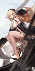 Rule 34 | 1girl, absurdres, arm strap, azur lane, between breasts, blonde hair, breasts, detached sleeves, floating hair, full body, heatia, high heels, highres, horns, implacable (azur lane), large breasts, long hair, nun, sitting, smile, solo, thigh strap, thighs, white horns, yellow eyes
