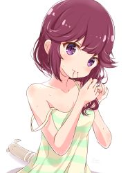 Rule 34 | 1girl, absurdres, bare arms, breasts, collarbone, fluno, hair over shoulder, highres, long hair, machikado mazoku, mouth hold, multiple girls, purple eyes, red hair, shirt, simple background, small breasts, solo, strap slip, striped clothes, striped shirt, sweatdrop, tying hair, upper body, white background, white shirt, yoshida ryouko