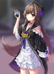 Rule 34 | 1girl, absurdres, beret, black dress, black hat, blurry, blurry background, blush, brown hair, cellphone, closed mouth, commentary request, depth of field, doll joints, dress, hand up, hat, herta (honkai: star rail), highres, holding, holding phone, honkai: star rail, honkai (series), joints, keyhole, long hair, long sleeves, phone, purple eyes, ribbon-trimmed sleeves, ribbon trim, solo, standing, stratosphere (coom1017), very long hair, white dress