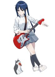 Rule 34 | 1girl, black hair, black socks, brown eyes, cat, closed mouth, collared shirt, commentary request, full body, grey skirt, guitar, instrument, k-on!, kneehighs, long hair, looking at animal, looking at another, nakano azusa, pleated skirt, sakuragaoka high school uniform, saya endo (27), school uniform, shirt, shoes, sidelocks, simple background, skirt, sleeves rolled up, sneakers, socks, twintails, white background, white footwear, white shirt