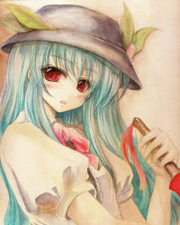 Rule 34 | 1girl, blue hair, blush, bow, bowtie, color ink (medium), face, female focus, gradient background, graphite (medium), hat, hinanawi tenshi, long hair, no nose, open mouth, puffy sleeves, red eyes, solo, sugai, touhou, traditional media