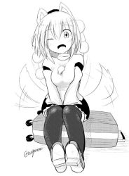 Rule 34 | 1girl, animal ears, black thighhighs, breasts, detached sleeves, fang, geta, greyscale, hat, inubashiri momiji, looking at viewer, monochrome, one eye closed, open mouth, pom pom (clothes), rolling suitcase, short hair, signature, sitting, skirt, smile, solo, suitcase, tail, tail wagging, taurine 8000mg, thighhighs, tokin hat, touhou, twitter username, wolf ears, wolf tail