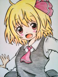Rule 34 | 1girl, :d, ascot, bad id, bad pixiv id, blonde hair, blouse, colored pencil (medium), fang, hair ribbon, highres, meme-tan (bana nan26), open mouth, outstretched arms, red eyes, ribbon, rumia, shirt, short hair, smile, spread arms, touhou, traditional media, vest