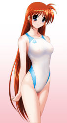Rule 34 | 00s, 1girl, arena (company), blue eyes, blush, breasts, collarbone, competition swimsuit, gradient background, highleg, highleg swimsuit, highres, long hair, looking at viewer, lyrical nanoha, mahou shoujo lyrical nanoha, mahou shoujo lyrical nanoha strikers, medium breasts, nipples, one-piece swimsuit, pink background, purple eyes, red hair, see-through, smile, solo, standing, swimsuit, takamachi nanoha, white one-piece swimsuit