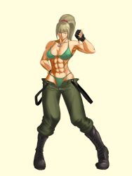 Rule 34 | 1girl, abs, artist request, blonde hair, boots, breasts, character request, female focus, fingerless gloves, gloves, highres, long hair, metal slug, muscular, muscular female, ponytail, scar, solo, thumbs down