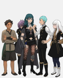 Rule 34 | &gt; &lt;, 2boys, 3girls, arm wrap, armor, armored dress, bernadetta von varley, black dress, black footwear, black legwear, black pants, black shorts, black vest, blue eyes, blue hair, boots, breasts, brown hair, brown legwear, brown shirt, buttons, byleth (female) (fire emblem), byleth (fire emblem), caspar von bergliez, clenched hand, closed mouth, clothing cutout, coat, coat on shoulders, crossed arms, cyril (fire emblem), dark-skinned male, dark skin, double-breasted, dress, expressionless, eyebrows hidden by hair, fire emblem, fire emblem: three houses, full body, garreg mach monastery uniform, grey background, grey coat, hair slicked back, hand on own hip, hands on own hips, hiding, hiding behind another, high heel boots, high heels, highres, leg armor, light blue hair, long hair, long sleeves, looking at another, lysithea von ordelia, medium breasts, medium hair, midriff, multiple boys, multiple girls, navel, navel cutout, neckerchief, nervous, nintendo, open mouth, pants, pantyhose, parted bangs, purple eyes, purple hair, red eyes, shirt, shishima eichi, shoes, short hair, shorts, sidelocks, simple background, small breasts, smile, standing, trait connection, vambraces, vest, wavy mouth, white footwear, white hair, white neckerchief, white shirt