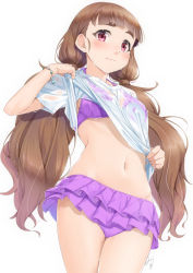Rule 34 | 1girl, bikini, blunt bangs, blush, brown hair, closed mouth, clothes lift, eyebrows, idolmaster, idolmaster cinderella girls, kamiya nao, lifted by self, long hair, looking at viewer, low twintails, miri (ago550421), navel, purple bikini, red eyes, see-through, shirt, shirt lift, short sleeves, simple background, solo, standing, stomach, swimsuit, thick eyebrows, twintails, very long hair, wet, wet clothes, wet shirt, white background, white shirt