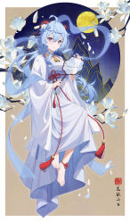 Rule 34 | 1girl, absurdres, ahoge, alternate costume, barefoot, bell, blue hair, blue nails, blue shawl, branch, chinese clothes, chinese knot, closed mouth, commentary request, dress, fingernails, flower, full body, ganyu (genshin impact), genshin impact, hair between eyes, hand fan, hanfu, highres, holding, holding fan, long hair, long sleeves, looking at viewer, moon, mountain, nail polish, neck bell, purple eyes, shawl, smile, solo, tassel, toenail polish, toenails, tujiu sama, white dress, white flower, wide sleeves