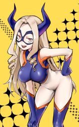 Rule 34 | 10s, 1girl, :d, bent over, blonde hair, bodysuit, boku no hero academia, breasts, covered navel, domino mask, drill hair, full body, gloves, half-closed eyes, hand on own hip, hand on knee, happy, highres, horns, large breasts, long hair, looking at viewer, mask, mount lady, open mouth, purple eyes, simple background, skin tight, smile, solo, standing, star (symbol), sunege (hp0715), superhero costume, teeth, thighhighs, tongue, yellow background