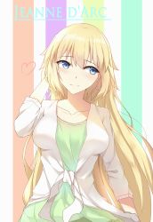 Rule 34 | 1girl, alios arvin, arm behind head, blonde hair, blue eyes, blush, breasts, casual, character name, contemporary, cowboy shot, dress, fate/grand order, fate (series), head tilt, heart, highres, jacket, jeanne d&#039;arc (fate), jeanne d&#039;arc (ruler) (fate), large breasts, light smile, long hair, looking at viewer, short dress, solo, standing