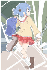 Rule 34 | 1girl, bag, brown background, from behind, holding, holding bag, ixy, loafers, looking at viewer, looking back, naganohara mio, nichijou, red skirt, school uniform, shoes, skirt, socks, solo, tokisadame school uniform