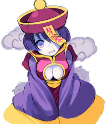 Rule 34 | 1girl, :d, blush stickers, breasts, chinese clothes, cleavage, cleavage cutout, clothing cutout, dress, dutch angle, hair between eyes, hat, jiangshi, kurasuke, large breasts, lei lei, long sleeves, looking at viewer, ofuda, one eye covered, open mouth, pale skin, purple dress, purple eyes, purple hair, purple hat, qingdai guanmao, short hair, sleeves past wrists, smile, solo, vampire (game), white background, wide sleeves