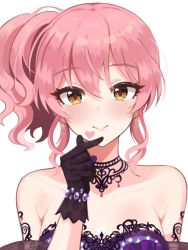Rule 34 | 1girl, black gloves, choker, dress, gloves, heart, idolmaster, idolmaster cinderella girls, jougasaki mika, lace, lace-trimmed choker, lace-trimmed dress, lace trim, looking at viewer, pink hair, ponytail, purple dress, seugoo, side ponytail, simple background, smile, solo, strapless, strapless dress, upper body, wavy hair, white background