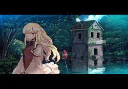 Rule 34 | 1girl, blonde hair, dress, female focus, forest, garnet, house, letterboxed, long hair, moss, nature, no headwear, one eye closed, partially submerged, purple eyes, road sign, scenery, sign, solo, submerged, tabard, touhou, tree, water, wink, yakumo yukari
