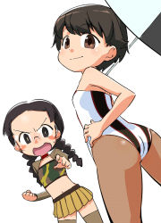 Rule 34 | 2girls, ass, bad id, bad pixiv id, black hair, blush stickers, braid, brown eyes, brown footwear, brown legwear, camouflage, camouflage shirt, clenched hand, closed mouth, dutch angle, frown, fukuda haru, girls und panzer, glasses, green shirt, hand on own hip, highres, holding, holding umbrella, leotard, long hair, looking at viewer, microskirt, multiple girls, nakajima (girls und panzer), navel, ogihara mach, open mouth, pantyhose, pleated skirt, pointing, pointing at viewer, print leotard, race queen, round eyewear, shirt, shrug (clothing), simple background, skirt, smile, standing, strapless, strapless leotard, sweatdrop, thighhighs, tube top, twin braids, twintails, umbrella, v-shaped eyebrows, white background, white leotard, yellow skirt