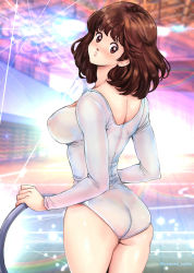Rule 34 | 1girl, asakura minami, ass, athletic leotard, blurry, blurry background, blush, brown eyes, brown hair, closed mouth, commentary, depth of field, diffraction spikes, from behind, frown, gym, gymnastics, highres, holding, hoop, indoors, leotard, light particles, long sleeves, looking at viewer, looking back, medium hair, nipples, oyaman, rhythmic gymnastics, see-through, solo, standing, touch (manga), twitter username, white leotard
