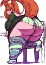 Rule 34 | 1girl, absurdres, ass, blue eyes, blush, breasts, brown hair, fat, highres, huge ass, huge breasts, long hair, looking at viewer, looking back, open mouth, panties, socks, solo, thick thighs, thighs, trinity-fate62, underwear