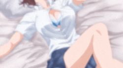 Rule 34 | 1girl, animated, animated gif, bed, blue bra, blue skirt, blush, bra, breasts, brown hair, button gap, buttons, cleavage, collarbone, getsuyoubi no tawawa, grey eyes, large breasts, looking to the side, lying, maegami-chan (tawawa), on bed, pillow, shirt, skirt, solo, thighs, underwear, white shirt