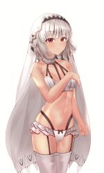 Rule 34 | 1girl, altera (fate), bare arms, bare shoulders, bikini, bikini skirt, bnari, breasts, cowboy shot, dark-skinned female, dark skin, fate/extella, fate/extra, fate (series), garter straps, halterneck, hand on own chest, highleg, highleg bikini, highres, looking at viewer, navel, red eyes, short hair, silver hair, simple background, small breasts, solo, stomach, swimsuit, thighhighs, thighs, veil, white background, white bikini, white thighhighs