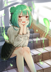 Rule 34 | 1girl, :d, absurdres, alternate costume, bare legs, black ribbon, black skirt, double bun, elbows on knees, feet out of frame, fingernails, green hair, green nails, hair between eyes, hair bun, hair ribbon, hands on own cheeks, hands on own face, hands up, highres, hololive, hololive fantasy, huge filesize, knees together feet apart, long sleeves, maziyabakune, medium hair, nail polish, necromancer, open mouth, outdoors, railing, red eyes, ribbon, sitting, skirt, smile, solo, stairs, striped clothes, striped sweater, sweater, tiles, uruha rushia, virtual youtuber