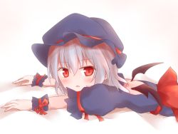 Rule 34 | 1girl, alternate color, bat wings, blush, female focus, hat, red eyes, remilia scarlet, shize (coletti), short hair, silver hair, solo, touhou, upper body, wings, wrist cuffs