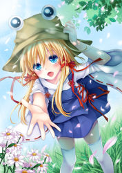 Rule 34 | 1girl, :o, blonde hair, blue eyes, blue sky, branch, day, flower, grass, hair ribbon, hand on headwear, hat, hoozuki shia, leaning forward, light rays, long hair, looking at viewer, moriya suwako, open mouth, outdoors, outstretched hand, petals, ribbon, ribbon-trimmed sleeves, ribbon trim, sky, solo, sunbeam, sunlight, thighhighs, touhou, white thighhighs, wide sleeves, zettai ryouiki