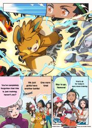 Rule 34 | 2boys, 2girls, absurdres, ahoge, antenna hair, baseball cap, battle, bede (pokemon), black hair, cheren (pokemon), closed eyes, comic, commentary, creatures (company), crossed arms, electricity, emboar, english text, game freak, gen 5 pokemon, gen 8 pokemon, genzou (me genzo), hat, hatterene, highres, hilda (pokemon), looking at another, multicolored hair, multiple boys, multiple girls, naranja academy school uniform, necktie, nemona (pokemon), nintendo, official art, open mouth, orange eyes, pawmot, pokemon, pokemon (creature), pokemon bw, pokemon bw2, pokemon masters ex, pokemon sv, pokemon swsh, school uniform, smile, sparkle, speech bubble, sweat, thumbs up, two-tone hair