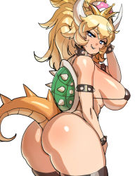 Rule 34 | 1girl, ass, bad id, bad pixiv id, bare shoulders, bikini, black bikini, black thighhighs, blonde hair, blue eyes, bowsette, bracelet, breasts, cleavage, collar, crown, curvy, earrings, elbow gloves, fang, fang out, gloves, highres, hip focus, horns, huge ass, jewelry, large breasts, looking back, mario (series), micro bikini, nintendo, pointy ears, smile, solo, spiked bracelet, spiked collar, spikes, super crown, swimsuit, tail, thighhighs, thighs, wide hips