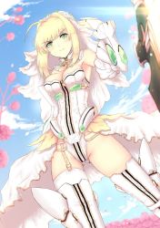 Rule 34 | 1girl, bare shoulders, blonde hair, blush, breasts, cat with a brush, cleavage, commentary request, fate/grand order, fate (series), green eyes, highres, medium breasts, nero claudius (bride) (fate), nero claudius (bride) (second ascension) (fate), nero claudius (fate), nero claudius (fate) (all), smile, solo, standing, thighhighs